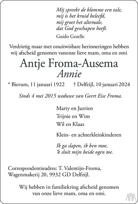 Antje Annie Froma Ausema 10 01 2024 Overlijdensbericht En