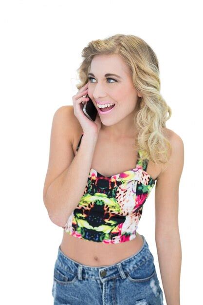 Premium Photo Joyful Retro Blonde Model Calling With Her Mobile Phone