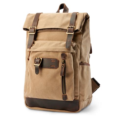 Rugged Vintage Style Tan Canvas And Leather Backpack In Stock Delton