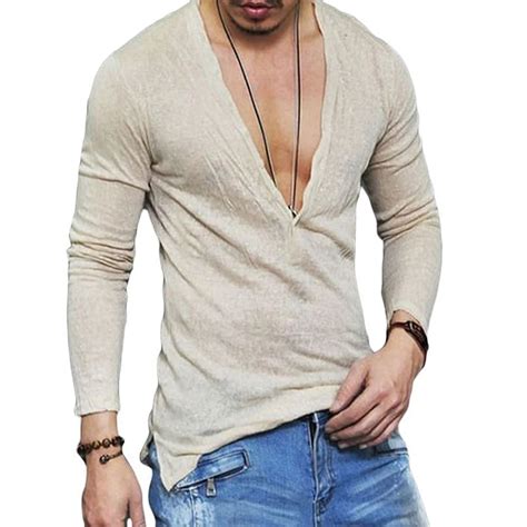 Sexy Man Deep V Neck T Shirts Men Slim Fit 2018 Fashion Breathable Tees Long Sleeve Slim Fit