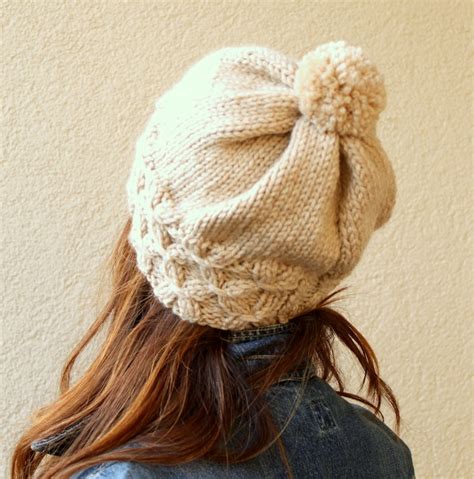 Women Knit Hat, Pom Pom Hat, Hand Knitted Hat, Autumn Slouchy Beret, Slouchy Hat, Pompom Hat ...