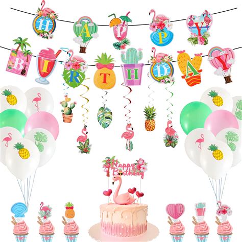 Buy Hawaii Flamingo Birthday Decorations Banner Cake Topper Cupcake