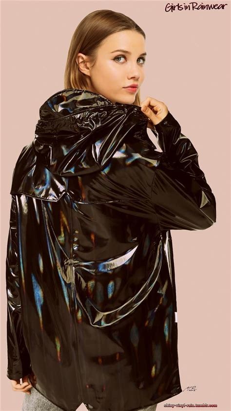 Black Holographic Raincoat Black Rain Jacket Rainwear Girl Vinyl