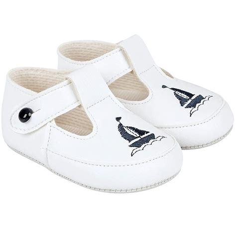 Baby Boys White And Navy T Bar Boat Pram Shoes Baypods Christening