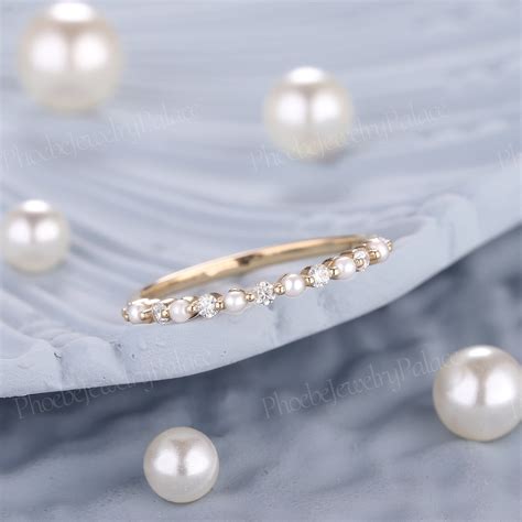 Dainty Natural Pearl Moissanite Diamond Cluster Wedding Band Ring Solid
