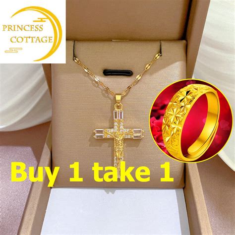 K Saudi Gold Necklace Pawnable Original Full Diamond Cross Necklace