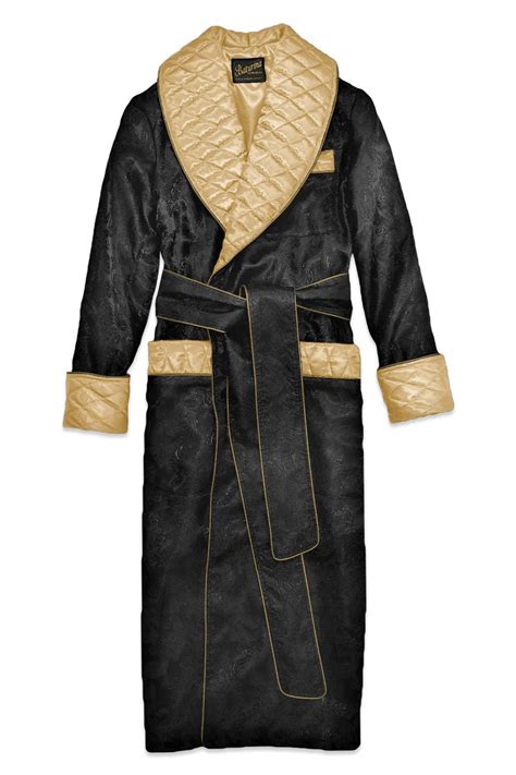 Mens Dressing Gown Black Paisley Jacquard Gold Quilted Satin