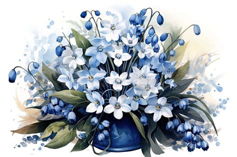 Blue Spring Flowers Watercolor White Background Stock Illustration