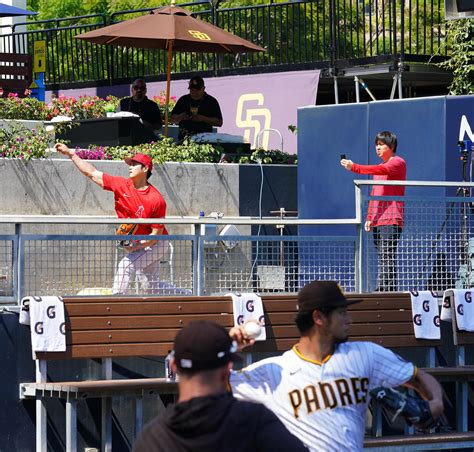 ダルビッシュと大谷翔平の対決はお預け 試合前には談笑し投球練習 登板回避はインフルエンザ Mlb写真ニュース 日刊スポーツ