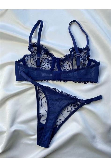 ARONA Lacivert Navy Balenli Brode Sütyen Takım Dantelli Iç Çamaşırı Takımı Lingerie