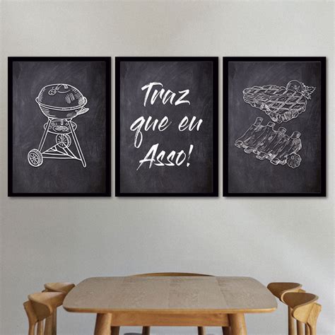 Conjunto de 3 Quadros Decorativos para Espaço Gourmet Traz Que Eu Asso