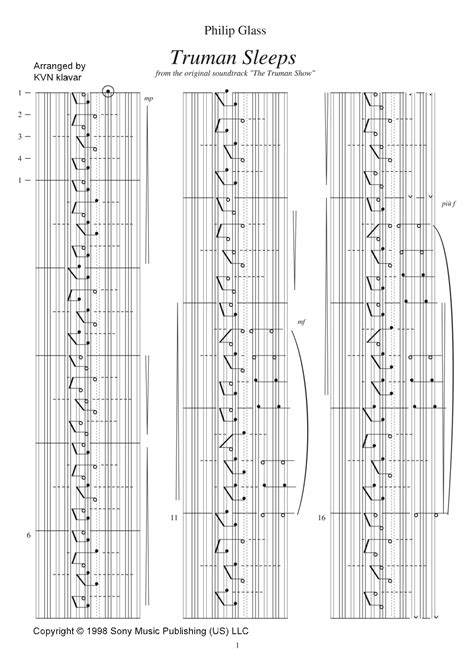 Truman Sleeps Arr Kvn Klavar Sheet Music Philip Glass Piano Solo