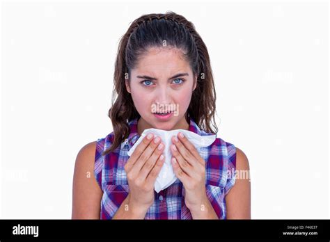 Pretty Brunette Woman Blowing Her Nose Stock Photo Alamy