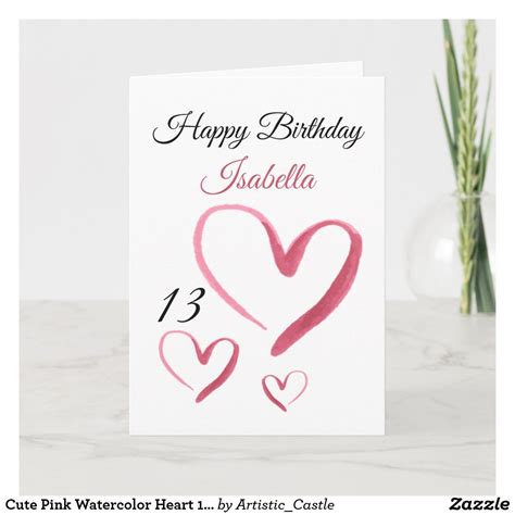 Cute Pink Watercolor Heart 13th Birthday Card Zazzle Birthday Cards