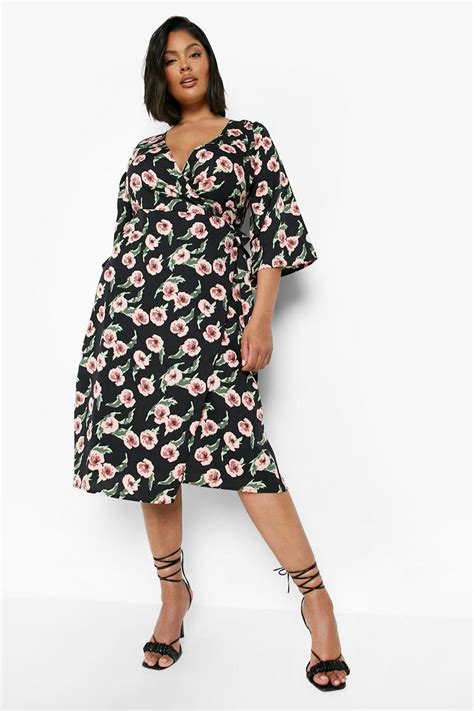 Womens Plus Floral Wrap Midi Dress Boohoo Uk