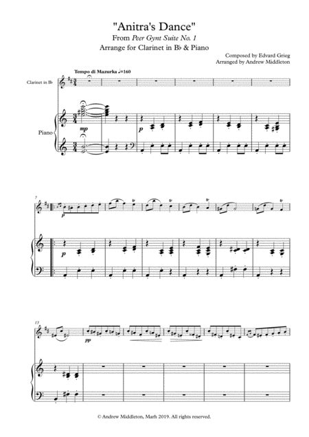 Anitras Dance From Peer Gynt Arranged For Clarinet And Piano Arr