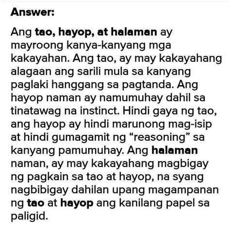 Ano Ang Pagkakaiba Ng Kakayahan Ng Hayop Halaman At Tao Brainly Ph