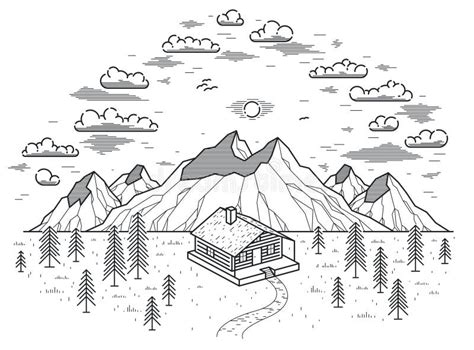 Cabin in Mountains Linear Vector Nature Illustration Isolated on White ...