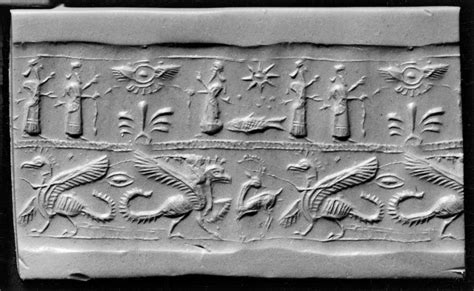 Cylinder Seal With Griffins Humans And A Winged Disk The Walters Art