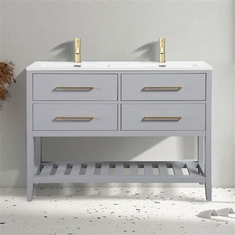 Montrose Mm Dove Grey Double Basin Vanity Unit With Brushed Brass