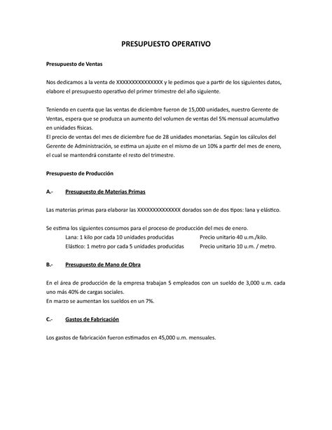 012 Ejemplo De Presupuesto Operativo Para Clase 1 Presupuesto