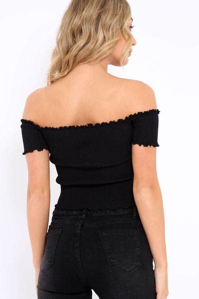 Black Ribbed Frill Hem Bardot Crop Top Adelle Rebellious Fashion