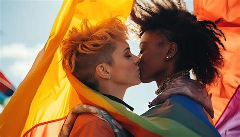 Premium Photo An Openly Lesbian Couple Kisses In Front Of Lgbt Pride Flag In The Style Of Street