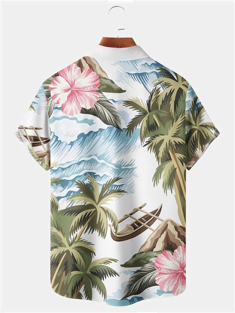 Royaura Beach Vacation Mens White Hawaiian Shirts Coconut Tree Art