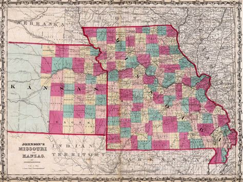 Missouri and Kansas State 1860 Historic Map by Johnson and Browning ...