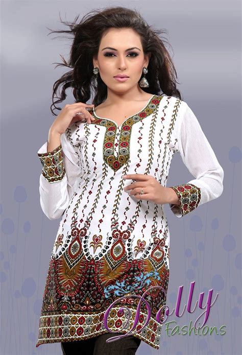 White Printed Crepe Kurti With Chiffon Sleeves Indian Tunic Top Moda