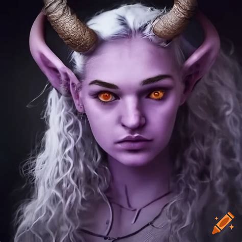 Pretty Tiefling Goliath Barbarian With Purple Skin And White Curly Hair