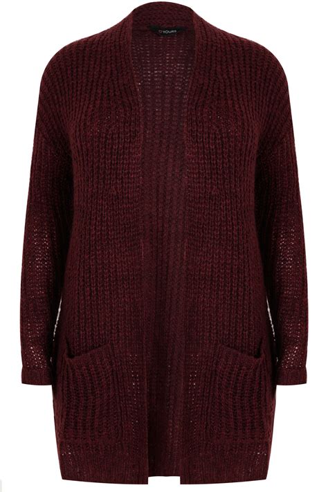 Berry Longline Chunky Knit Cardigan With Pockets Plus Size 16 To 36