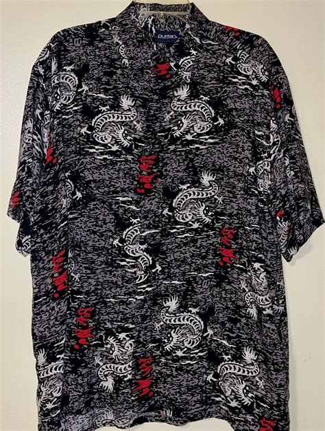 Puritan Mens Dragon Black White Red Button Up Short Gem