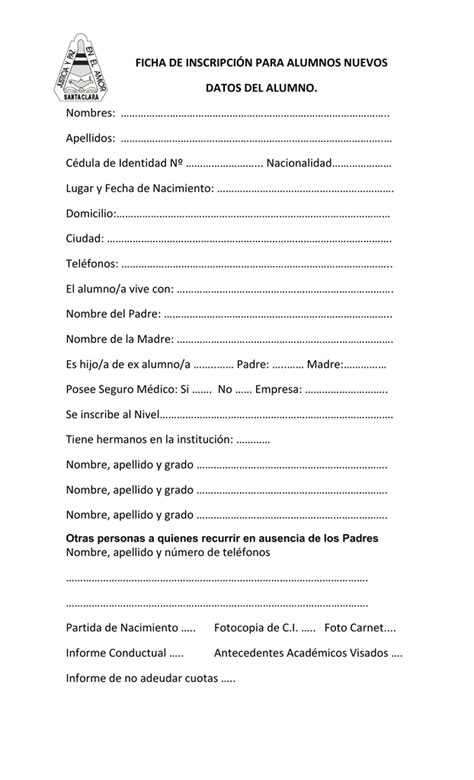 Ficha De InscripciÓn Para Alumnos Nuevos Datos Del