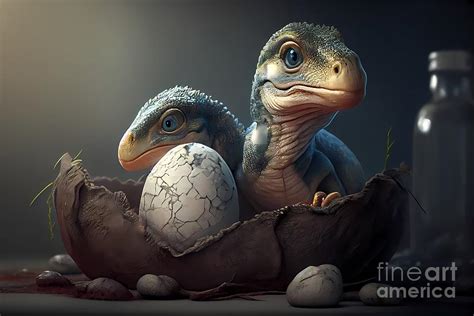 Playful Tyrannosaurus Rex Babies Hatching Eggs In A Fun Illustration