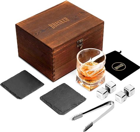 Whiskey Glass Set With Wooden T Box Whisky Stones And Slate Stone