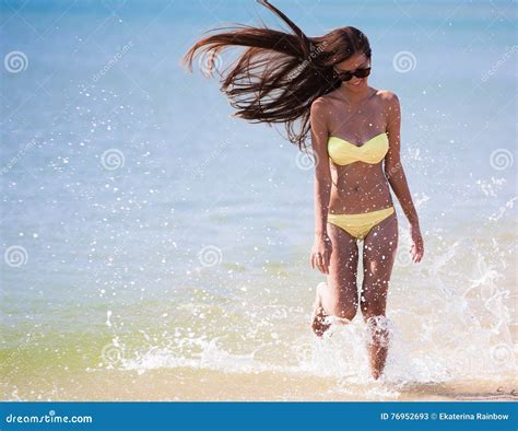 Yellow Bikini Sea Run Stock Image Image Of Athletic