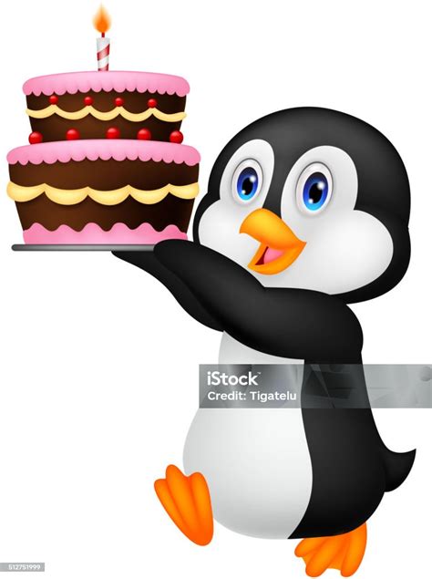 Kartun Penguin Lucu Memegang Kue Ulang Tahun Ilustrasi Stok Unduh