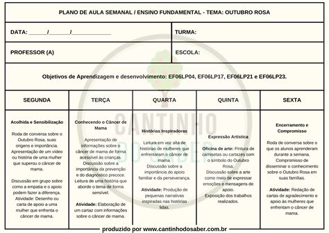 Planejamento Semanal Sobre O Tema Outubro Rosa Ensino Fundamental