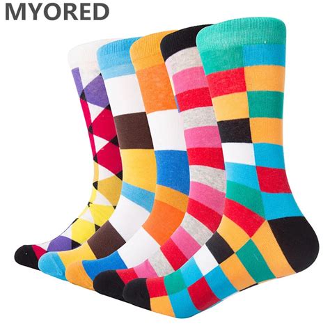 Myored 5 Pairs Bright Multi Colorful Luxury Striped Argyle Men Dress Socks Combed Cotton Trendy