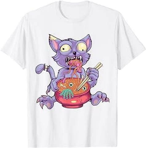 Kawaii Creepy Cat Eating Ramen Noodles Pastel Goth Aesthetic T Shirt