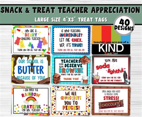 Snack And Candy Teacher Appreciation Printable Tags Large Size 4x3