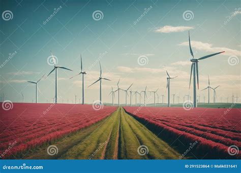 A Wind Farm With Rows Of Spinning Wind Turbines Generating Clean Energy Stock Illustration