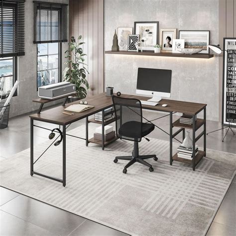 TECHNI MOBILI 59 in. W L-Shape Walnut Industrial Desk with storage ...