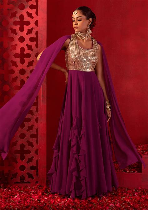 Buy Women Purple Sequin Mirror And Zari Embroidered Anarkali Gown