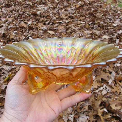 Antique Northwood Leaf And Beads Marigold Carnival Glass Flared Nut Bowl Beaded Rim Carnival Glass