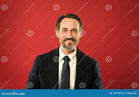 Man Handsome Mature Fashion Model Wear Fashionable Suit On Red Background Suit Imbue Sense Of