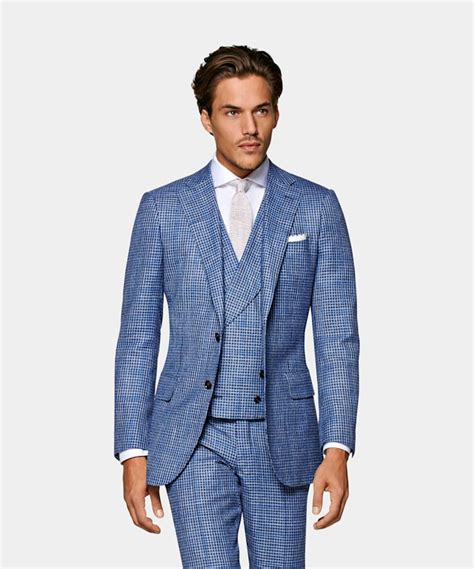 Mid Blue Checked Lazio Suit Wool Linen Three Piece Suitsupply