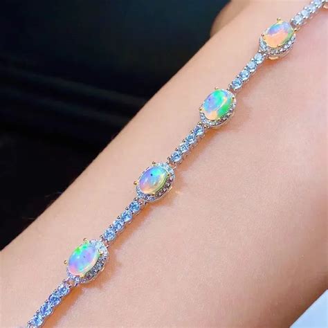 Real Natural Black Opal Simple Bracelet Sterling Silver Colorful