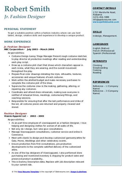 Fashion Designer Resume Samples Qwikresume